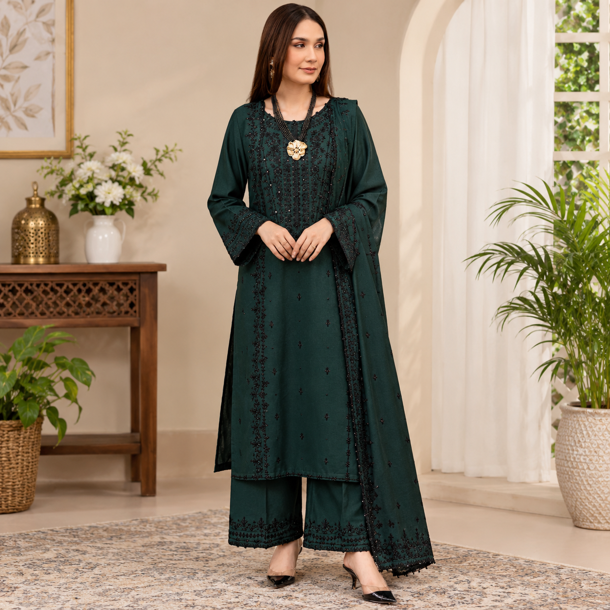 LF-BT3085 Unstitched Fully Embroidered Dhanak Suit With Fully Embroidered Dhanak Shawl
