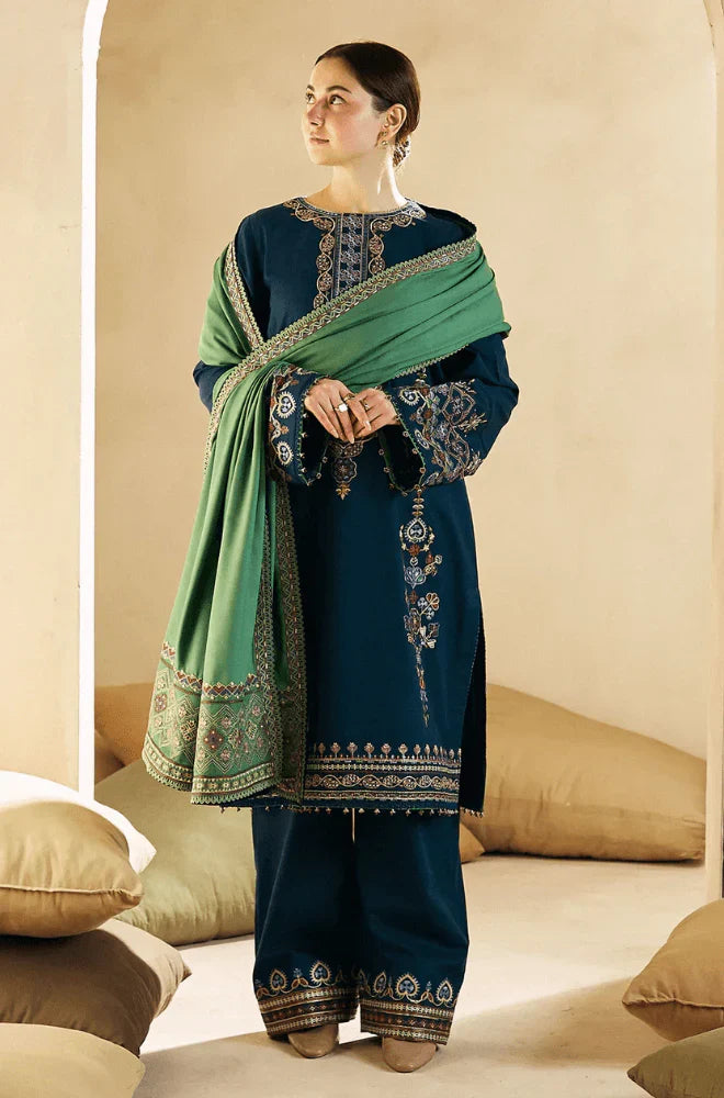 SR-840 Embroidered 3Pc Dhanak Suit With Dhanak Embroidered Dupatta