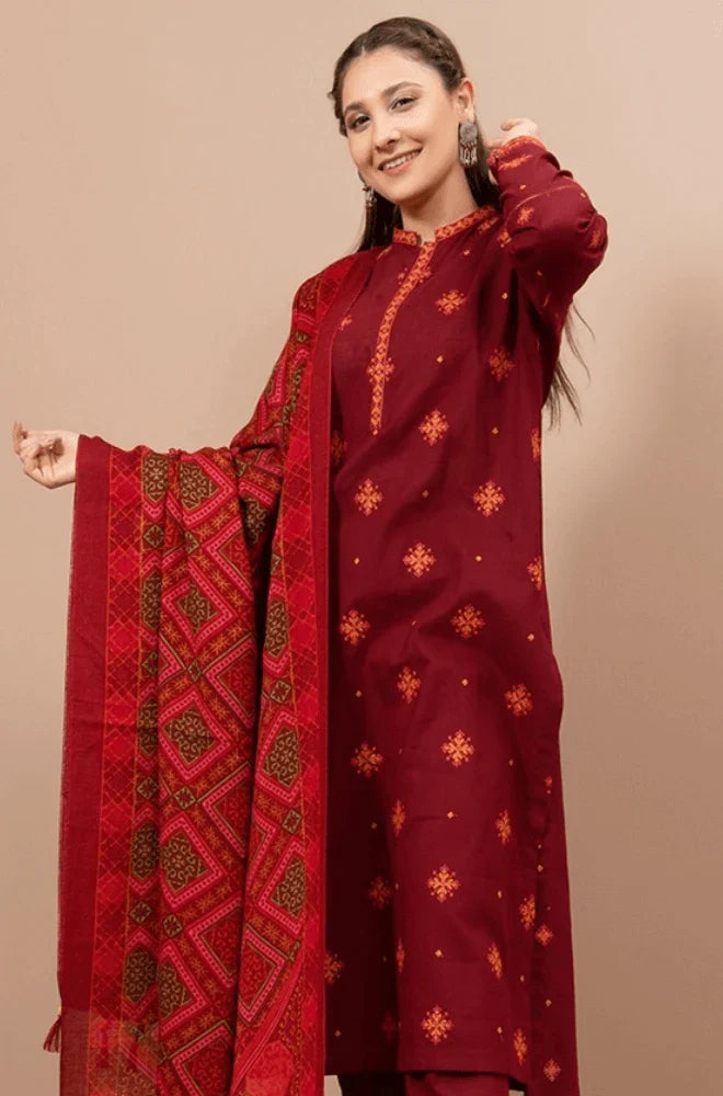SR-750 Unstitched Embroidered Dhanak Suit Printed Woolen Shawl