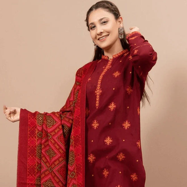 SR-750 Unstitched Embroidered Dhanak Suit Printed Woolen Shawl