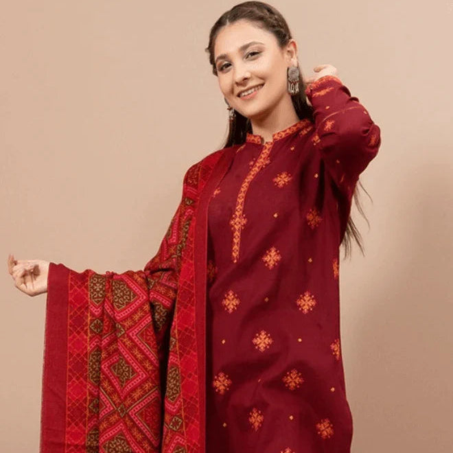 SR-750 Unstitched Embroidered Dhanak Suit Printed Woolen Shawl