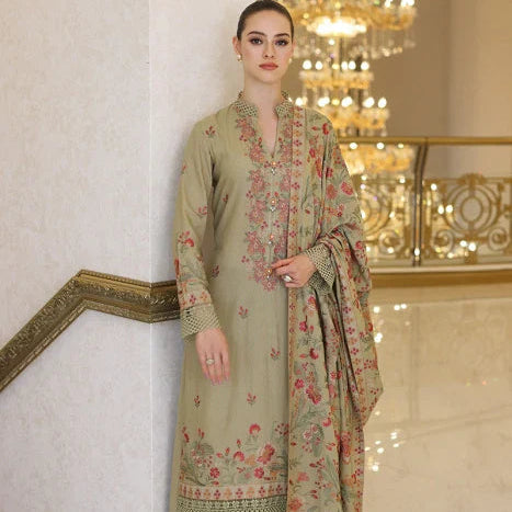 SR-955 Unstitched Embroidered Dhanak Wool Suit With Embroidered Dhanak Shawl