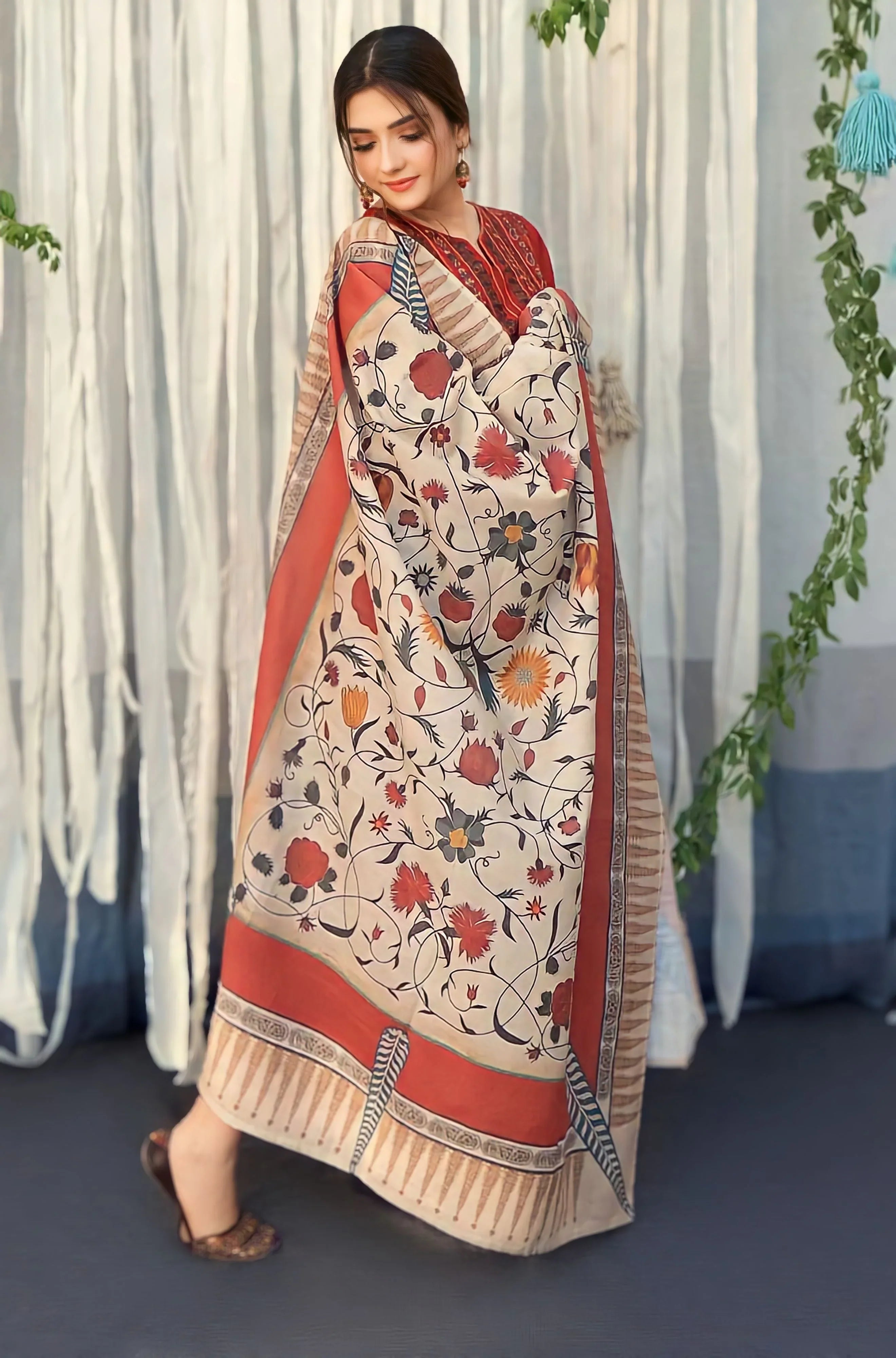SR-845 Dhanak Embroidered Suit With Digital Printed Wool Shawl