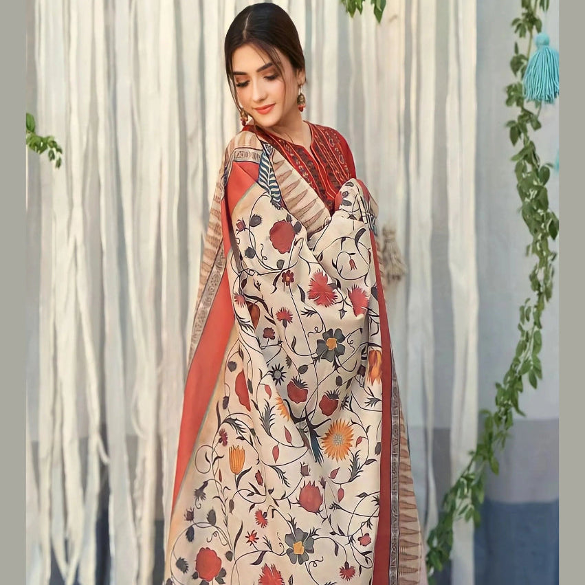 SR-845 Dhanak Embroidered Suit With Digital Printed Wool Shawl