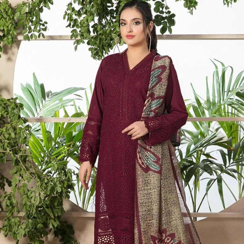 SR-100 Lawn Embroidered 3pc Suit With Monar Zari Dupatta