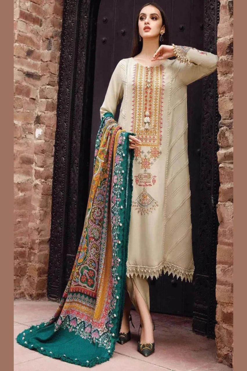 SR-RM670 Dhanak Embroidered Suit With Digital Printed Wool Shawl