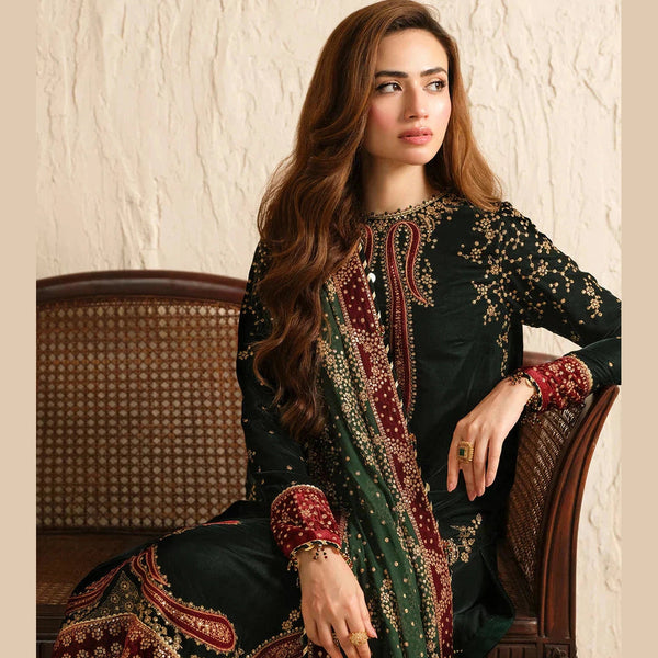 SR-999 Embroidered 9000 Micro Velvet 3Pc With Embroidered Chiffon Dupatta