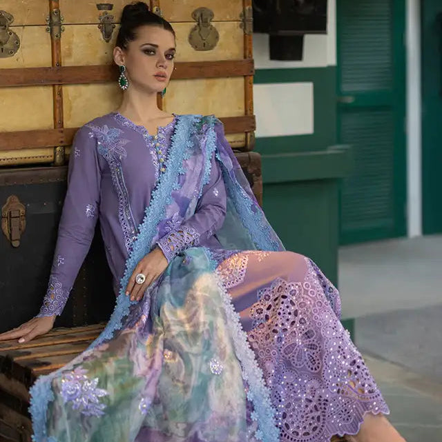 SR-OR86 Lawn Unstitched 3pc Fully Embroidered Suit With Cotton Net Silky Printed Dupatta 4 Sided Embroidered Lace